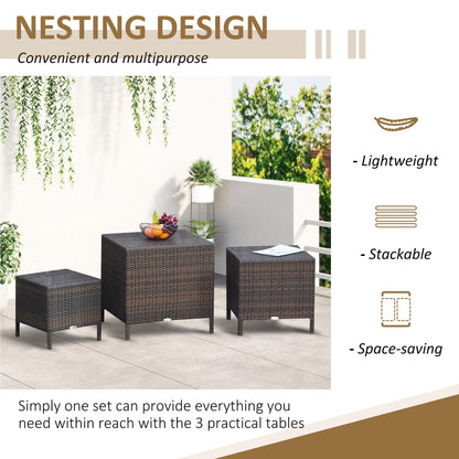 Outsunny Rattan Tea Table Set Garden Furniture 3 PCs Nest of Tables Patio Outdoor End Side Table Wicker Conservatory