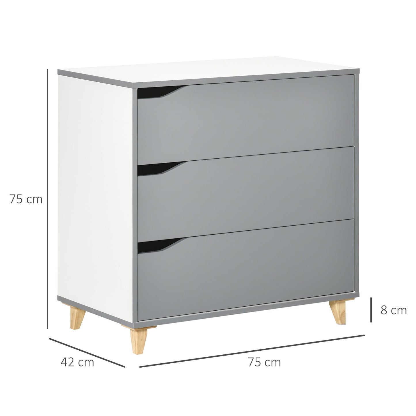 3 Drawer Storage Chest Cabinet Unit with Pine Wood Legs for Bedroom, Living Room, 75cmx42cmx75cm, Grey