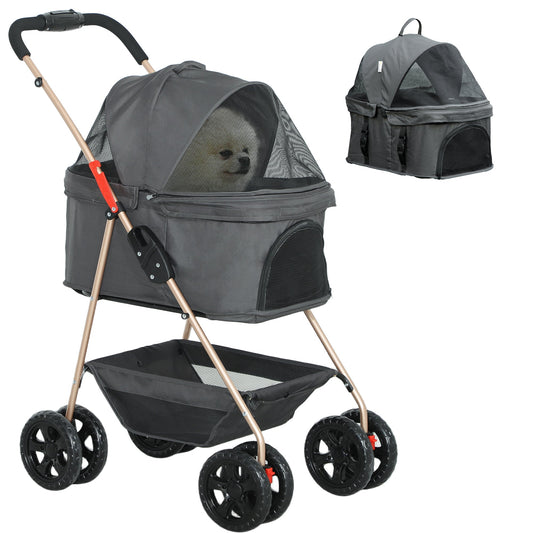 PawHut PawH 3-in-1 Pet Stroller, Folding Four-Wheel Dog Pram with Detachable Carrier for Mini Dogs, Cats, Grey