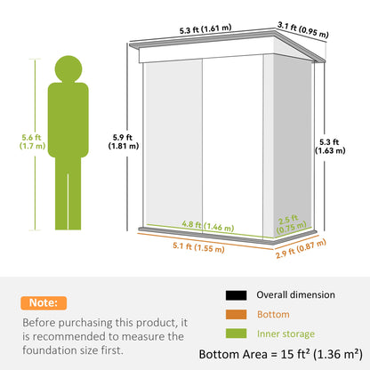 Outsunny Metal Garden Shed, Outdoor Lean-to Shed for Tool Motor Bike, with Adjustable Shelf, Lock, Gloves, 5'x3'x6', Dark Grey