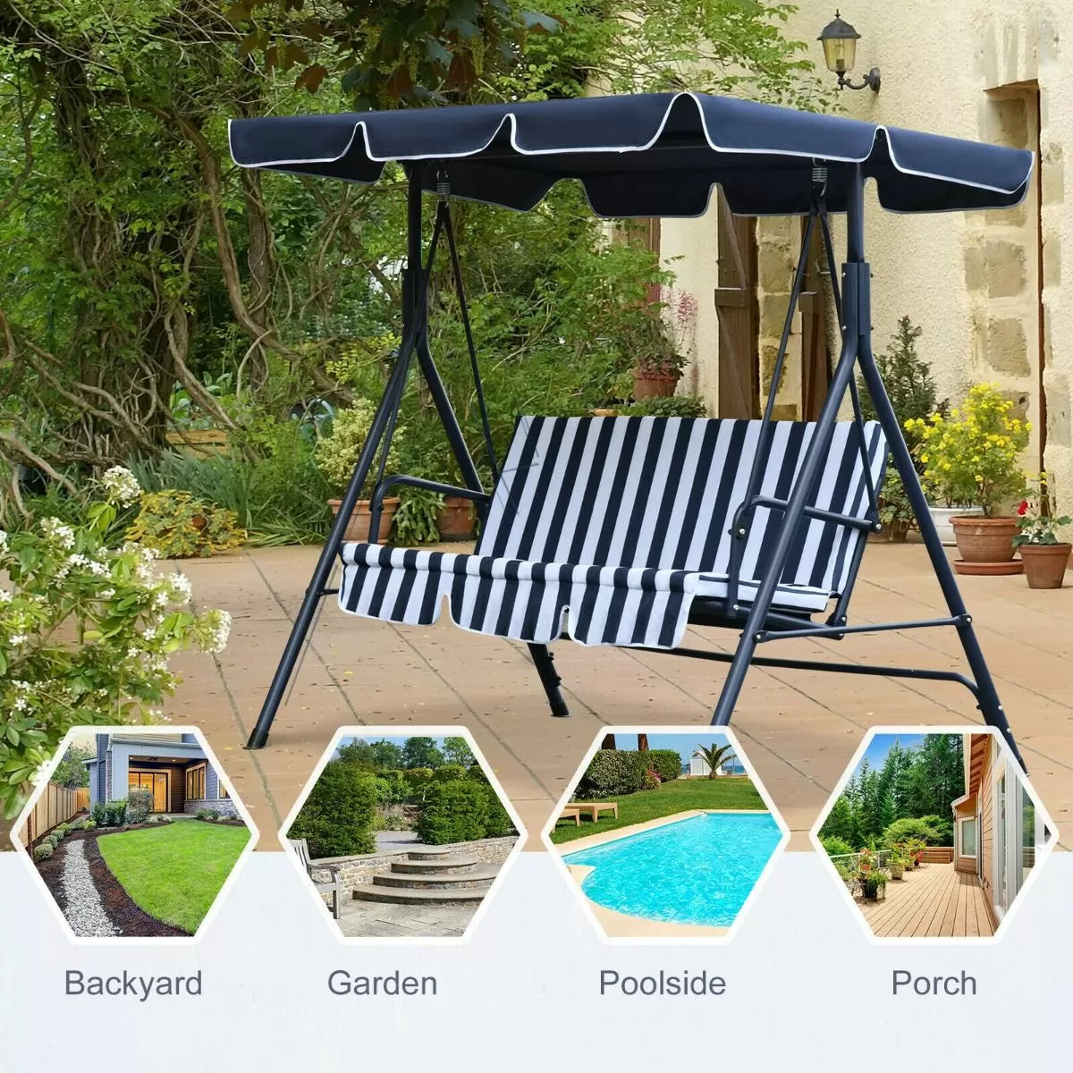 3 Seater Garden Swing With Adjustable Canopy - Blue Stripe