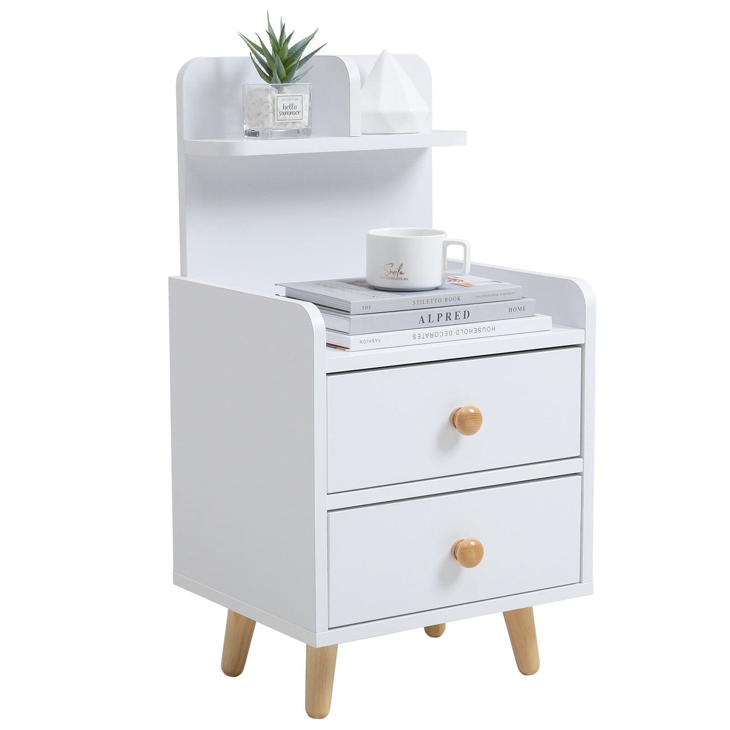 White Wooden Bedside Table with Wooden Legs and Drawers