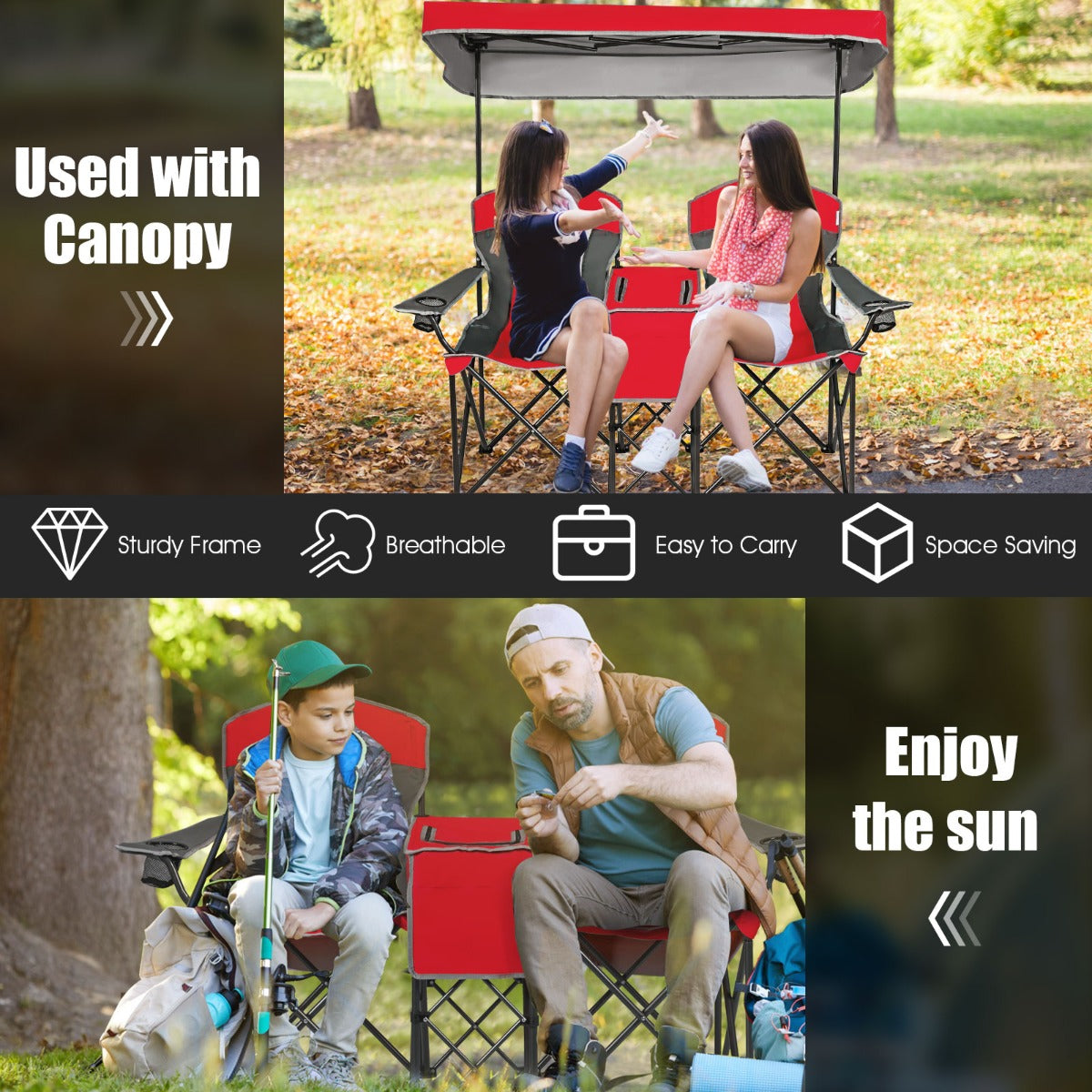 Double Folding Camping Chair with Canopy and Armrests-Red