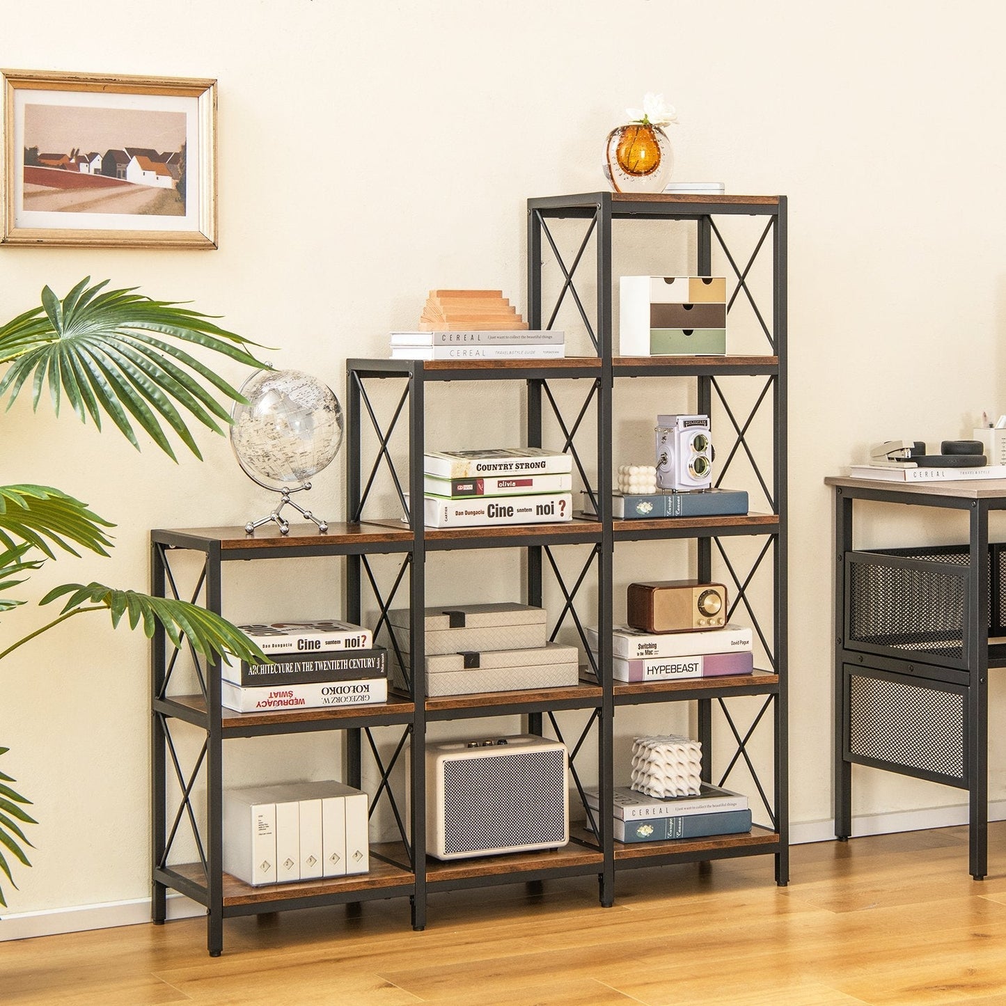 5-Tier Bookshelf 9 Cubes Bookcase with Carbon Steel Frame-Rustic Brown