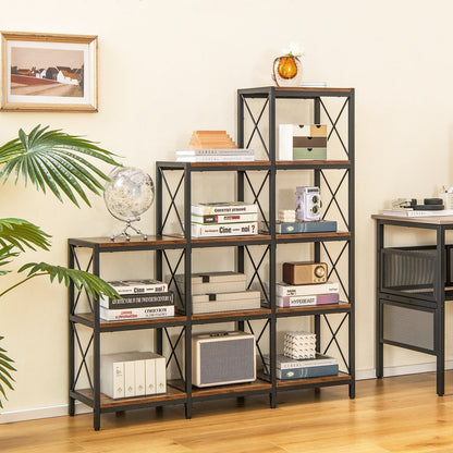 5-Tier Bookshelf 9 Cubes Bookcase with Carbon Steel Frame-Rustic Brown