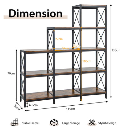 5-Tier Bookshelf 9 Cubes Bookcase with Carbon Steel Frame-Rustic Brown