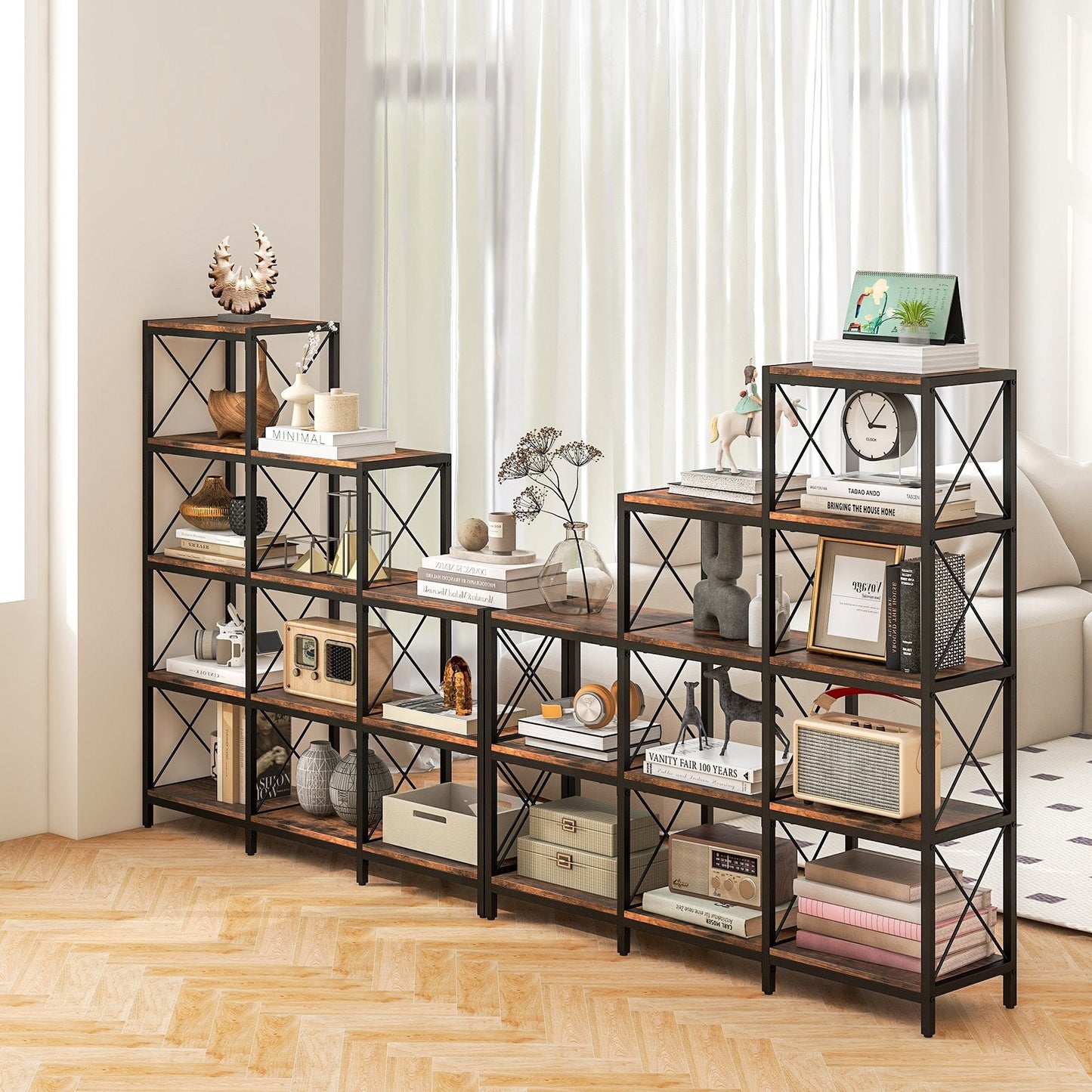 5-Tier Bookshelf 9 Cubes Bookcase with Carbon Steel Frame-Rustic Brown