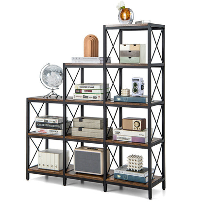 5-Tier Bookshelf 9 Cubes Bookcase with Carbon Steel Frame-Rustic Brown