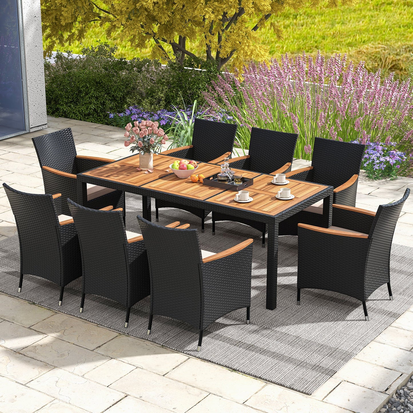 9 PCS Patio Dining Set for 8 Large Conversation Set with Umbrella Hole-Brown