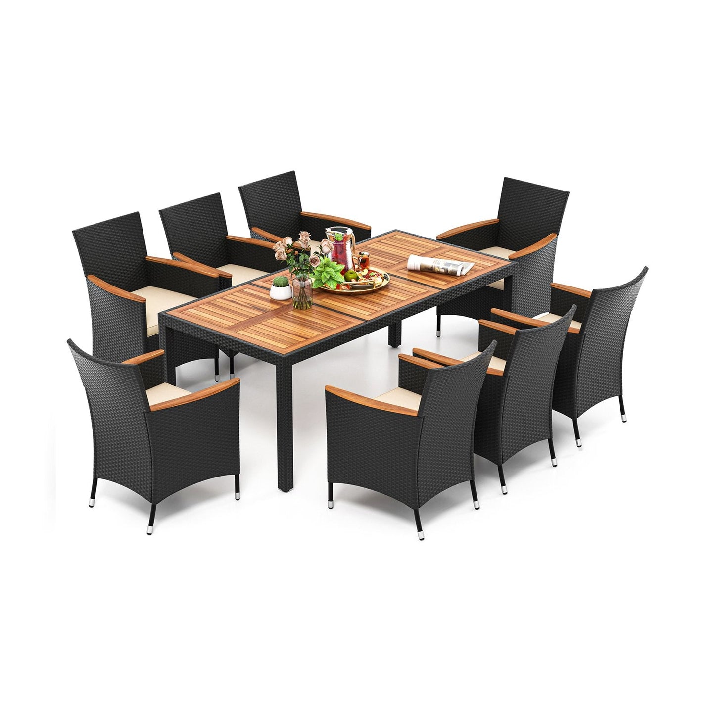 9 PCS Patio Dining Set for 8 Large Conversation Set with Umbrella Hole-Brown