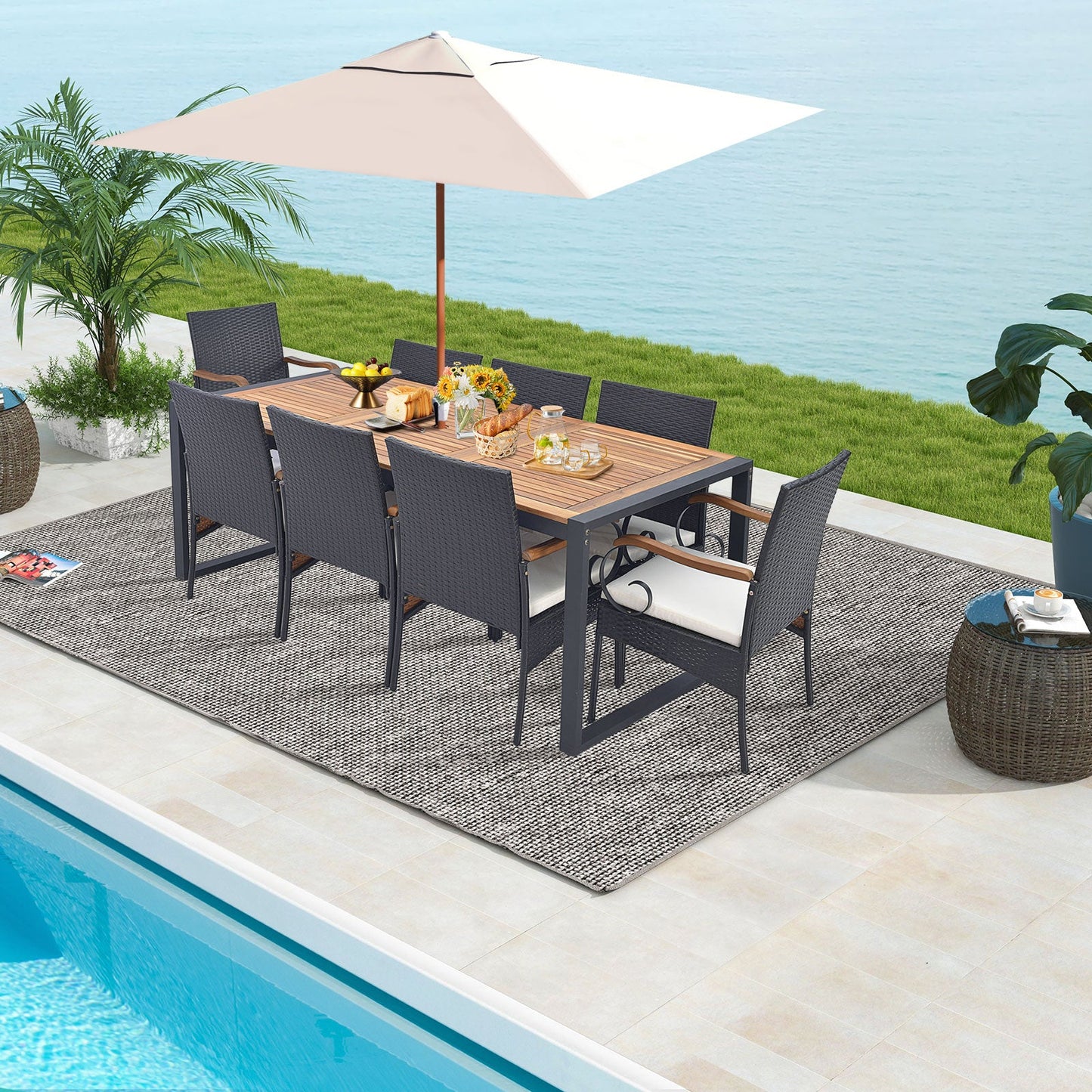 9 Pieces Outdoor Table and Chairs Set with Cushions and Umbrella Hole