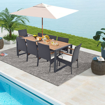 9 Pieces Outdoor Table and Chairs Set with Cushions and Umbrella Hole