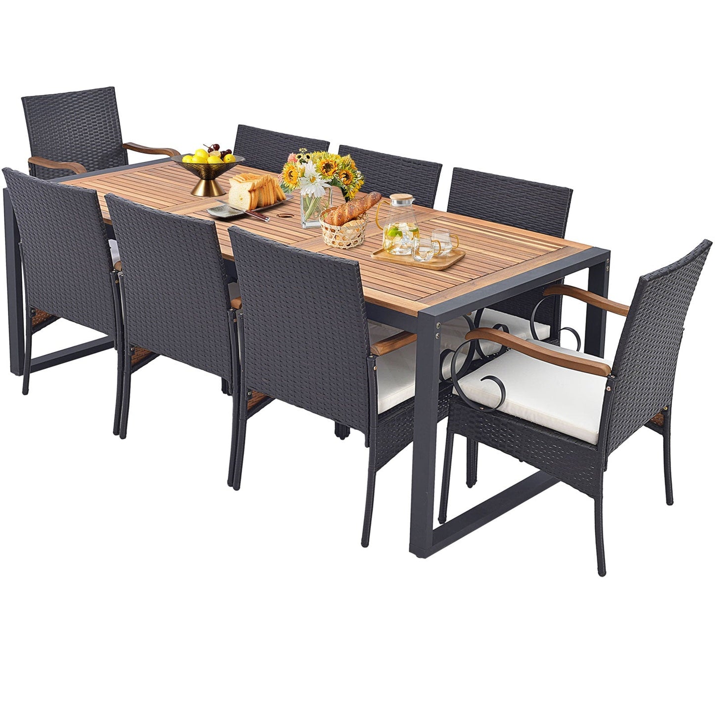 9 Pieces Outdoor Table and Chairs Set with Cushions and Umbrella Hole