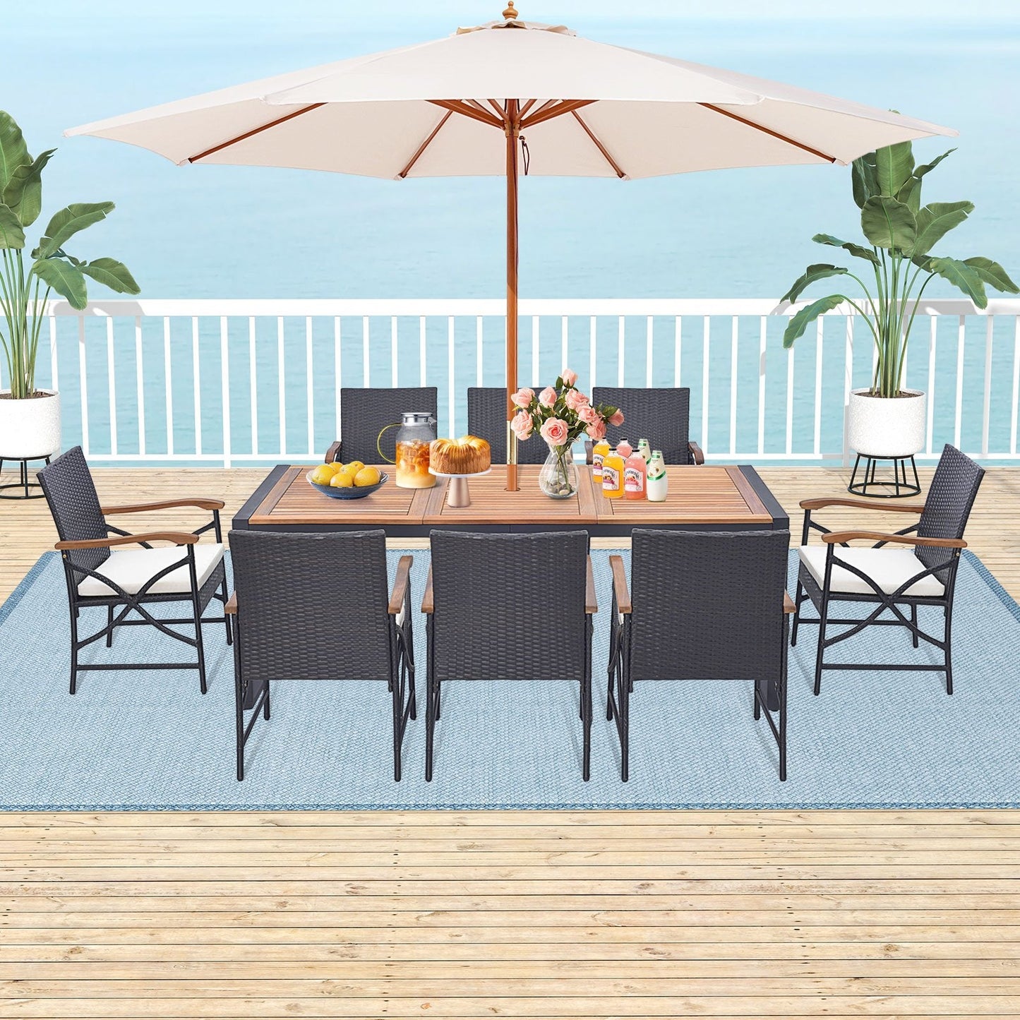 9 Pieces Patio Rattan Dining Set with Acacia Wood Tabletop and Cushions