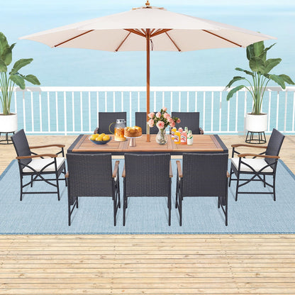 9 Pieces Patio Rattan Dining Set with Acacia Wood Tabletop and Cushions