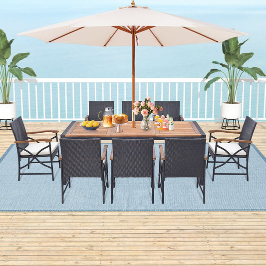 9 Pieces Patio Rattan Dining Set with Acacia Wood Tabletop and Cushions