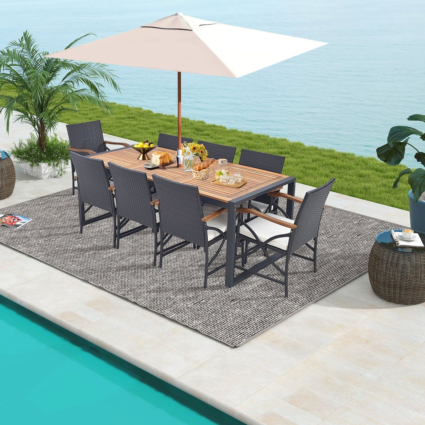 9 Pieces Patio Rattan Dining Set with Acacia Wood Tabletop and Cushions
