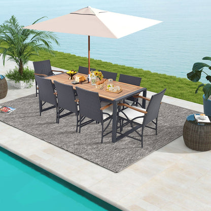 9 Pieces Patio Rattan Dining Set with Acacia Wood Tabletop and Cushions