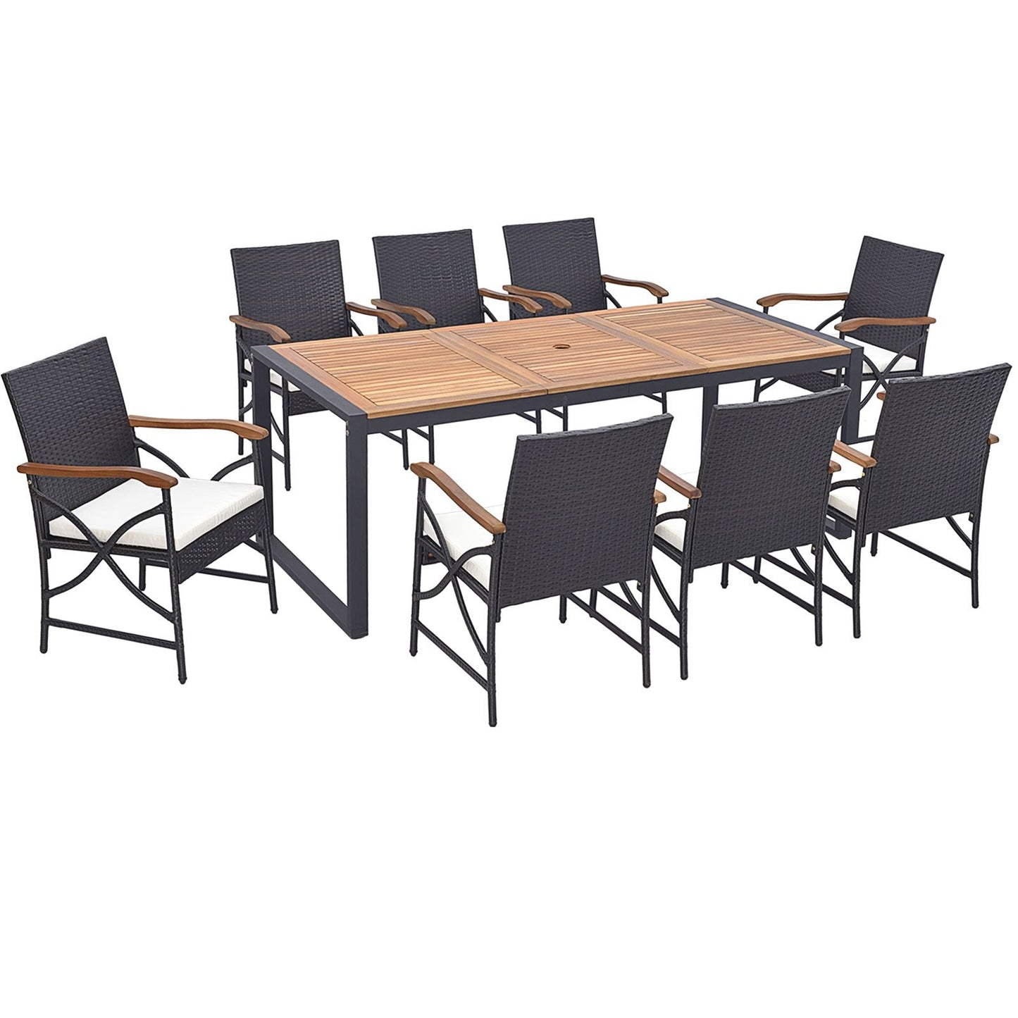9 Pieces Patio Rattan Dining Set with Acacia Wood Tabletop and Cushions