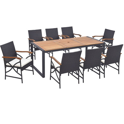 9 Pieces Patio Rattan Dining Set with Acacia Wood Tabletop and Cushions