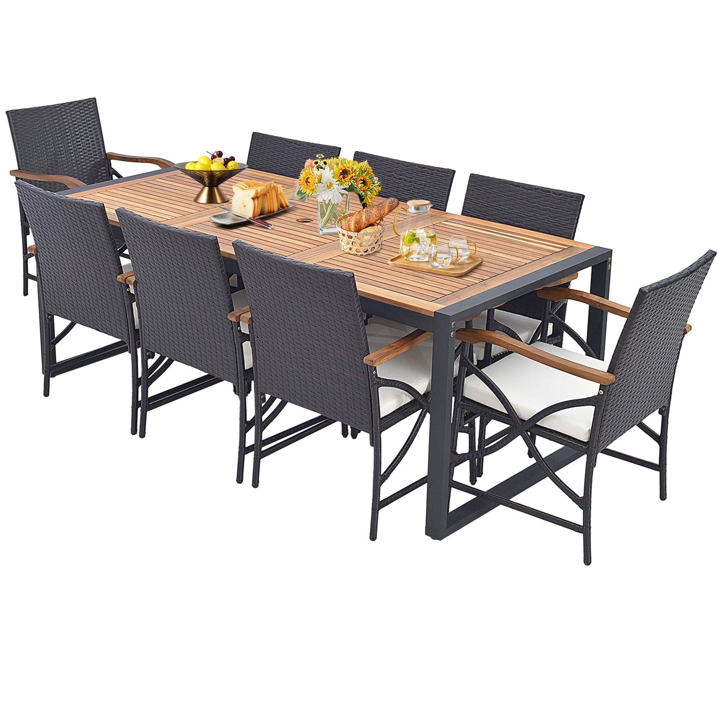 9 Pieces Patio Rattan Dining Set with Acacia Wood Tabletop and Cushions