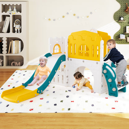 9 in 1 Toddler Slide L Shaped Kids Slide and Climber Playset with Basketball Hoop-Yellow
