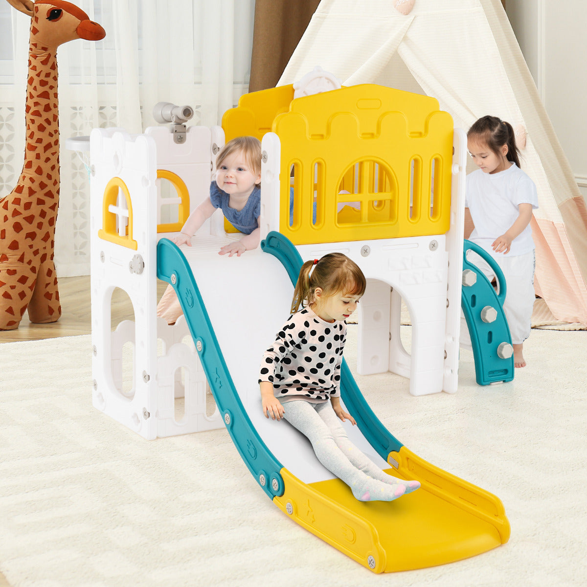 9 in 1 Toddler Slide L Shaped Kids Slide and Climber Playset with Basketball Hoop-Yellow