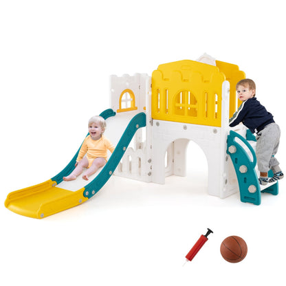 9 in 1 Toddler Slide L Shaped Kids Slide and Climber Playset with Basketball Hoop-Yellow
