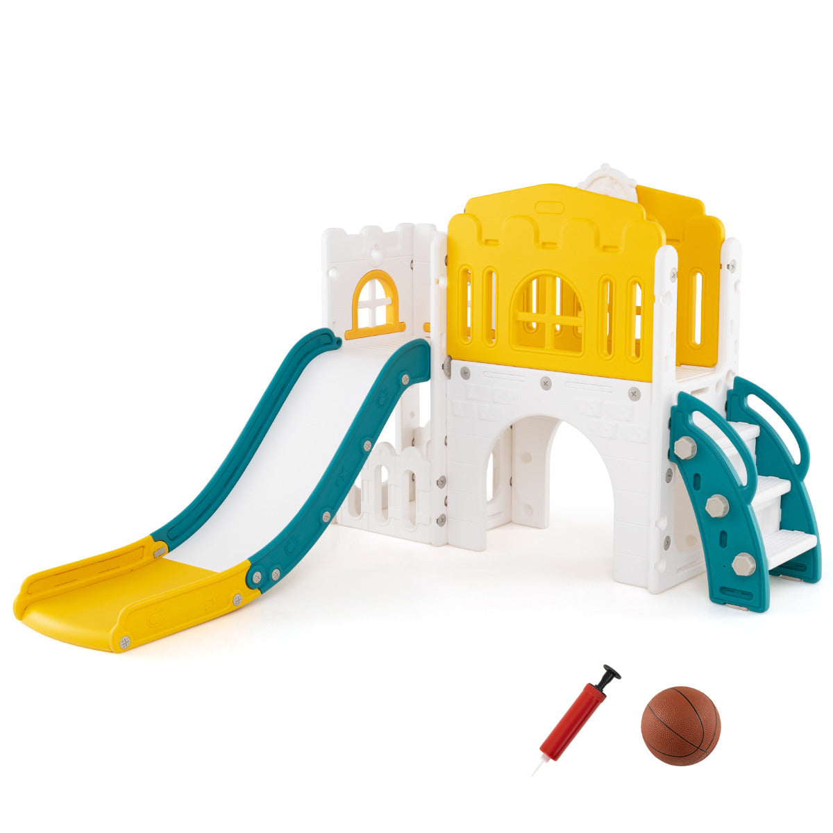 9 in 1 Toddler Slide L Shaped Kids Slide and Climber Playset with Basketball Hoop-Yellow