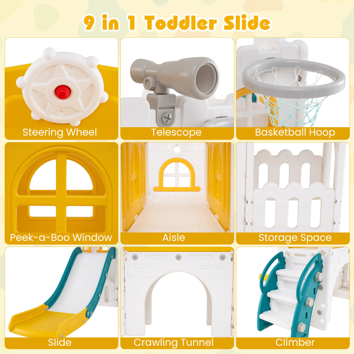 9 in 1 Toddler Slide L Shaped Kids Slide and Climber Playset with Basketball Hoop-Yellow