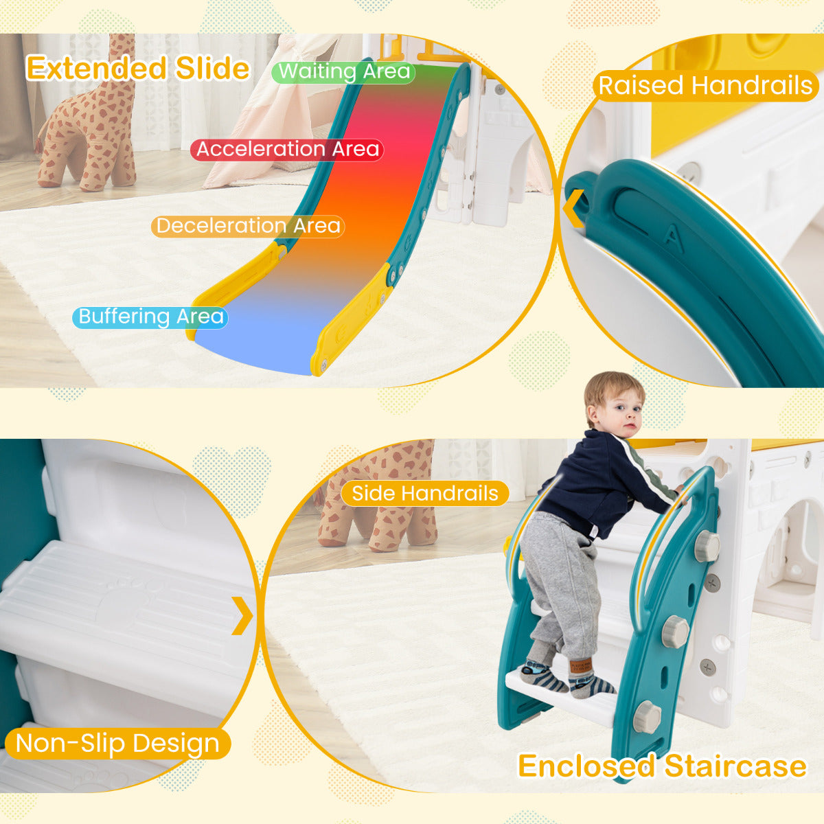 9 in 1 Toddler Slide L Shaped Kids Slide and Climber Playset with Basketball Hoop-Yellow