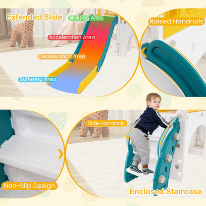 9 in 1 Toddler Slide L Shaped Kids Slide and Climber Playset with Basketball Hoop-Yellow