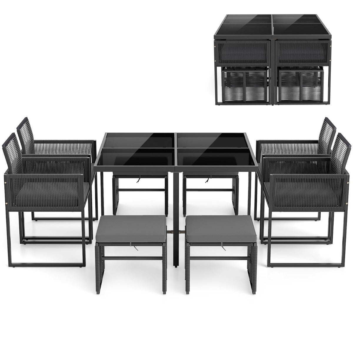 9 Pieces Patio Dining Set with PE Rattan Chairs and Tempered Glass Table-Grey