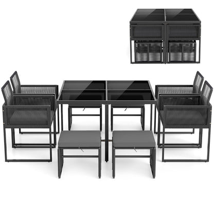 9 Pieces Patio Dining Set with PE Rattan Chairs and Tempered Glass Table-Grey