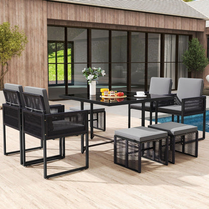 9 Pieces Patio Dining Set with PE Rattan Chairs and Tempered Glass Table-Grey