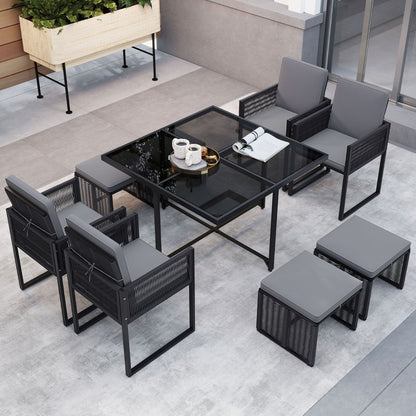 9 Pieces Patio Dining Set with PE Rattan Chairs and Tempered Glass Table-Grey