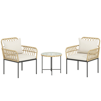 Outsunny 3 Piece Rattan Bistro Set, Wicker Garden Furniture Set with Cushions, Glass Top Coffee Table and Chairs for Outdoor, Patio, Balcony, Beige