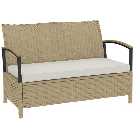 Outsunny 125L Garden Storage Bench, 2 Seater PE Rattan Outdoor Bench Storage Box with Padded Cushion, Khaki