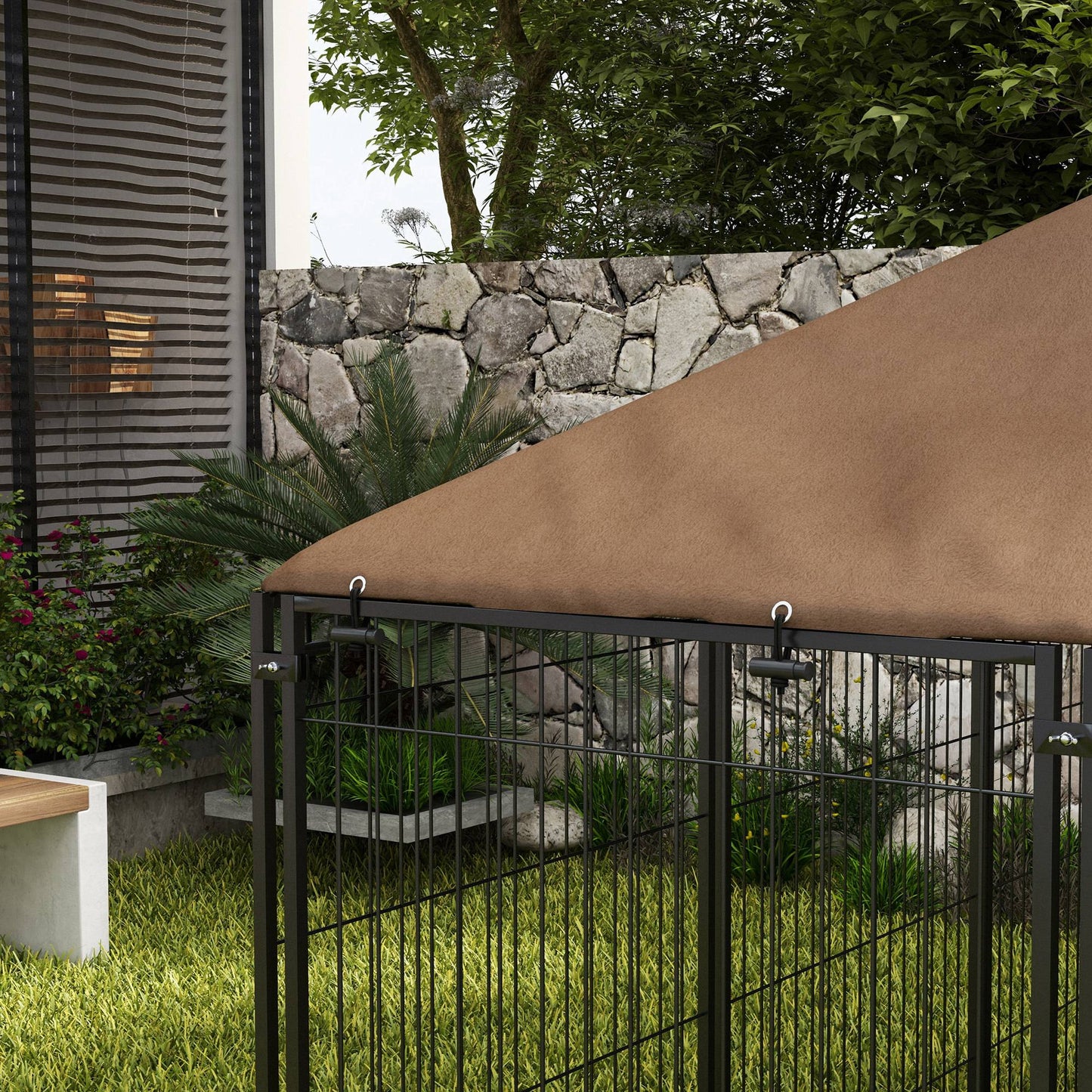PawHut Outdoor Dog Kennel Puppy Play Pen z baldachimem Garden Playpen Fence Crate Enclosure Cage Rotating Bowl 211 x 141 x 151 cm