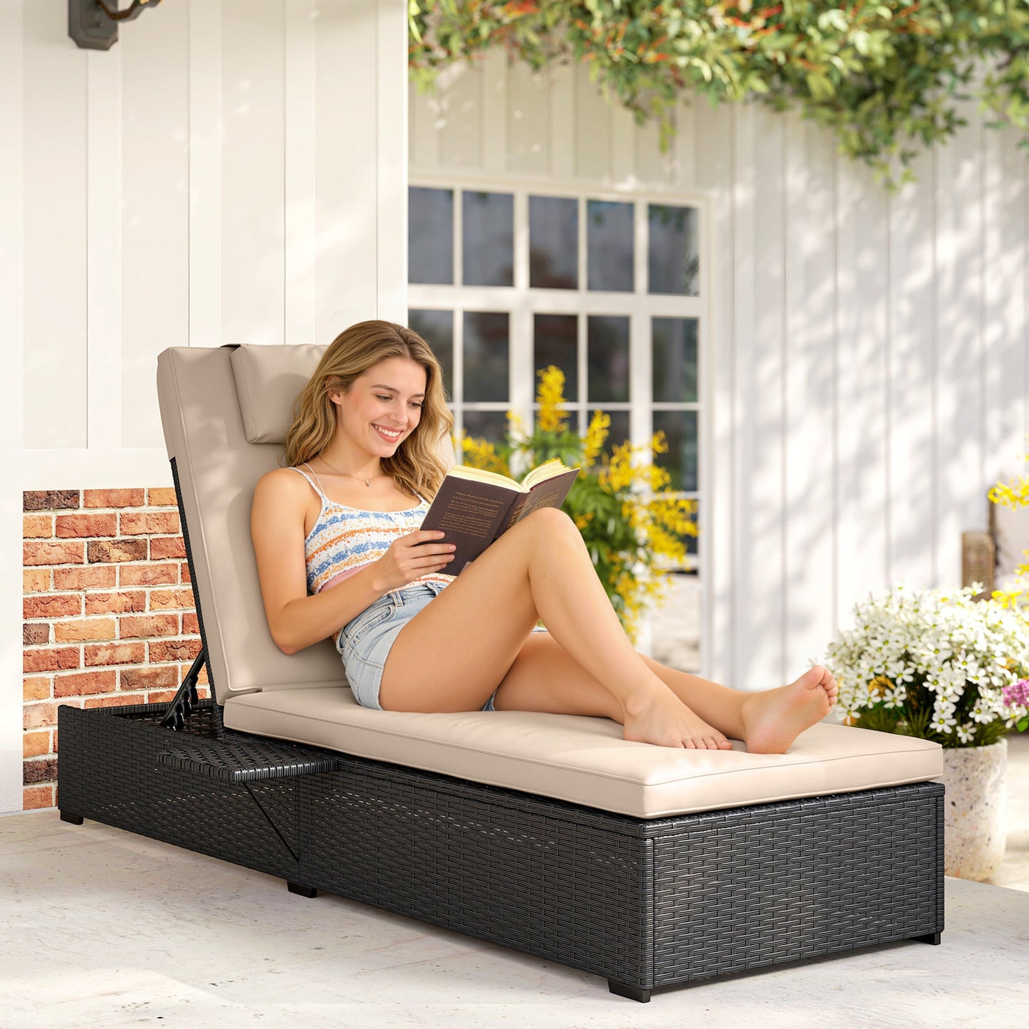 Outsunny Rattan Sun Lounger with 5-Level Reclining Back Side Tray and Cushion, Black