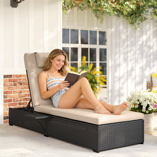 Outsunny Rattan Sun Lounger with 5-Level Reclining Back Side Tray and Cushion, Black