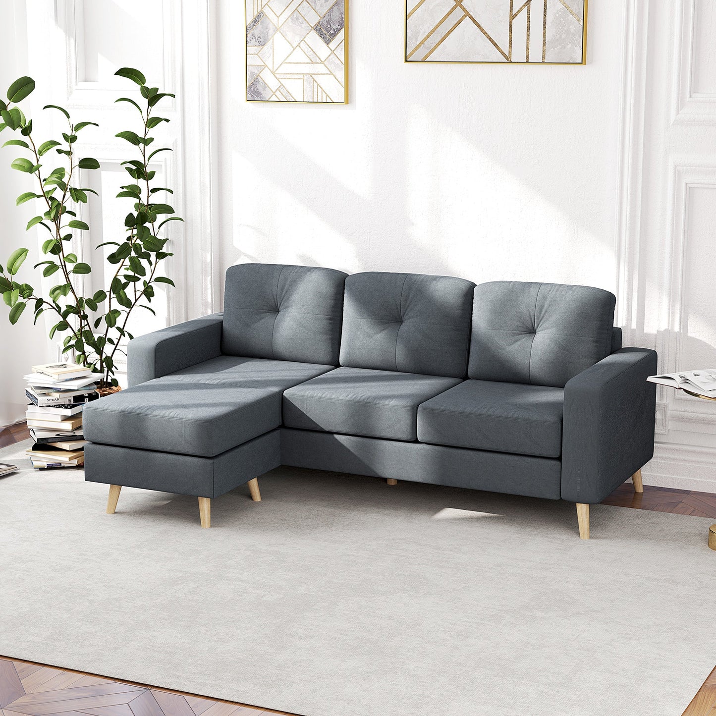 HOMCOM 3 Seater Sofa with Footstool, Fabric L-Shaped Sofa, Sectional Couch with Wood Legs, Tufting Cushioned Back for Small Space, Living Room, Office, Dark Grey