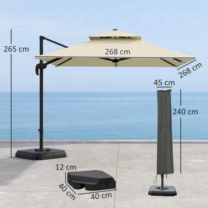 Outsunny 2.7 x 2.7(m) Cantilever Parasol with Aluminium Frame, Crank and Tilt, 360√Ç¬∞ Rotation, Double Top Garden Umbrella with Base and Cover, Khaki