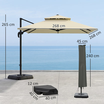 Outsunny 2,7 ​​x 2,7(m) Parasol ogrodowy z aluminiowym stelażem, korbką i nachyleniem, obrót 360√Ç¬∞, podwójny parasol ogrodowy z podstawą i pokrowcem, khaki