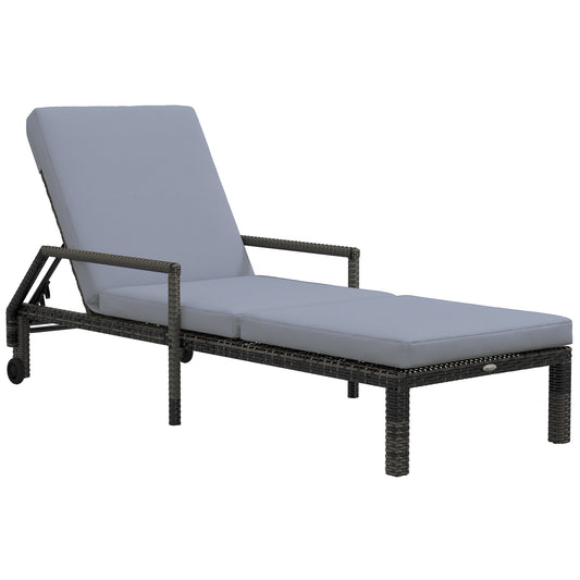 Outsunny Outdoor PE Rattan Sun Lounger Wicker Chaise Recliner Garden Chair z 5-poziomowym regulowanym oparciem i 2 kółkami, mieszany szary