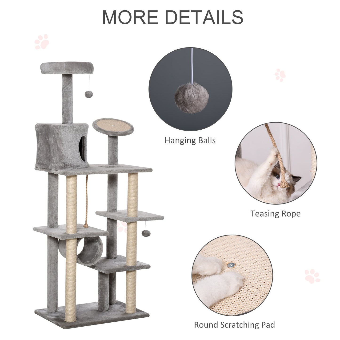 PawHut Cat tree Tower 179cm Climbing Activity Centre Kitten with Jute Scratching Post Pad Condo Perch Hanging Balls Teasing Rope Toy Dark Grey