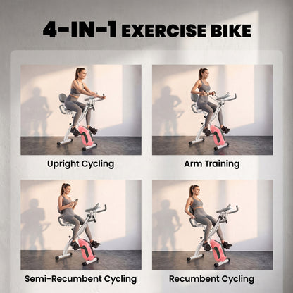 SPORTNOW 4-In-1 Folding Exercise Bike with Resistance Bands, Bluetooth App, 8-Level Magnetic Resistance, LCD Display, Pink