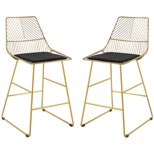 HOMCOM Set of 2 Bar Stools, Modern Counter Height Breakfast Bar Chairs with Wire Metal Frame for Kitchen, Dining Room, Gold