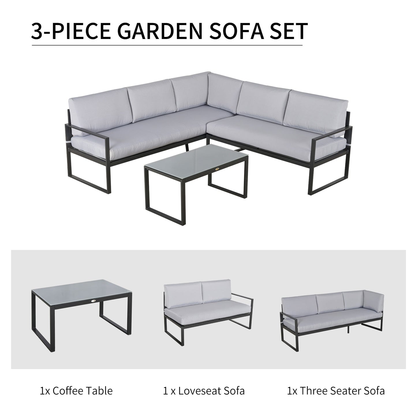 Outsunny 3 Pieces Garden Furniture Set Conversation Set w/ Loveseat 3 Seater Sofa Table