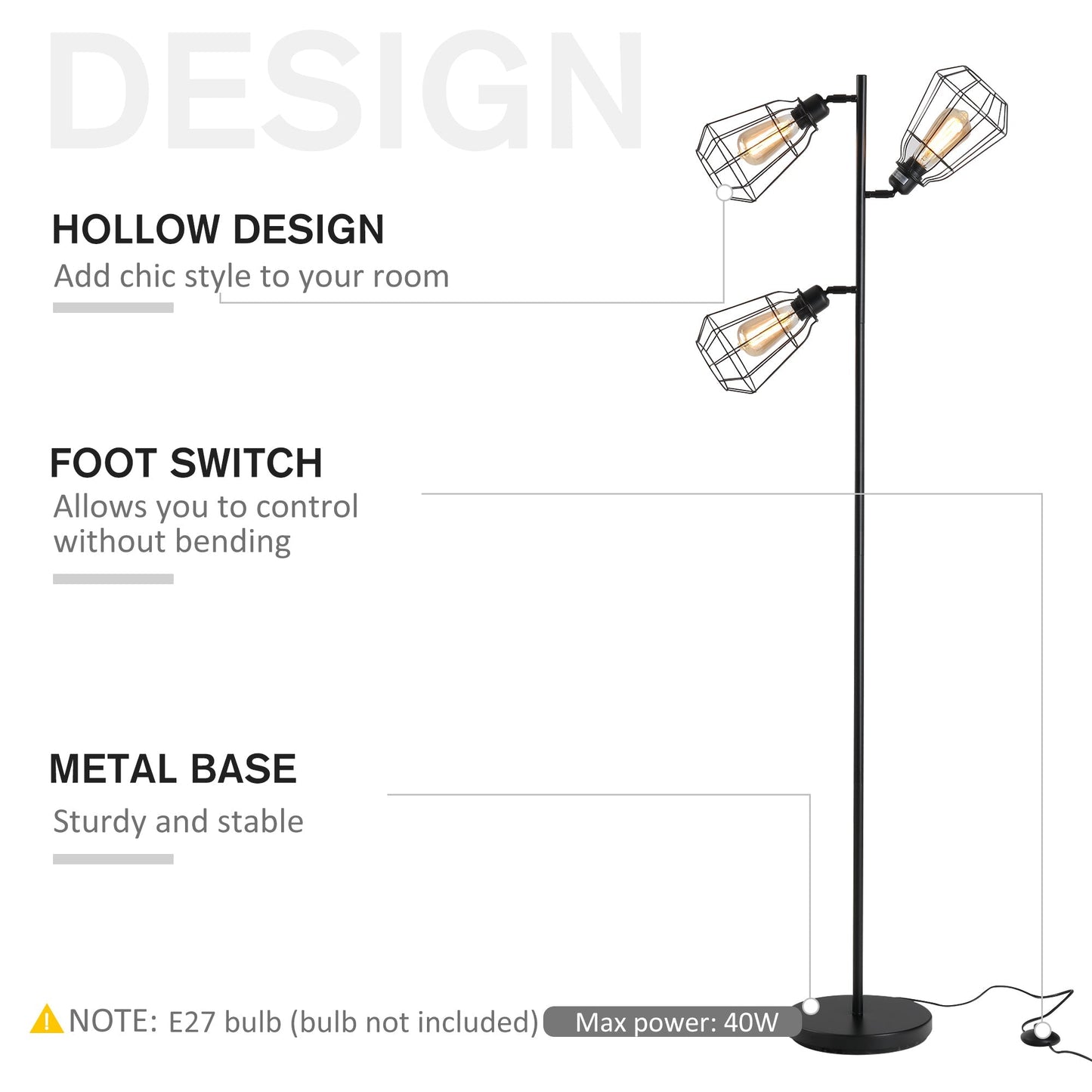 Retro Practical Tree Floor Lamp 3 Angle Adjustable Lampshade Steel Base for Living Room Bedroom Office Black 165cm